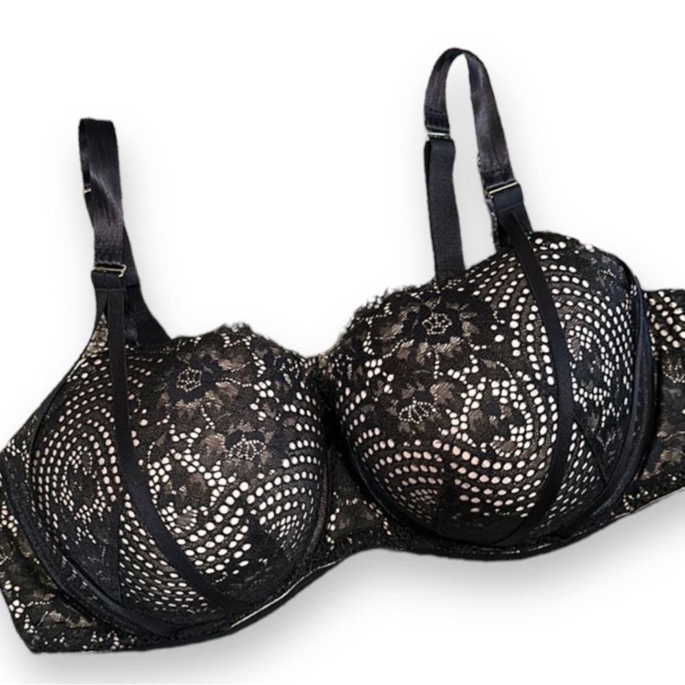 Cacique|Lane Bryant| black & tan| strappy eyelet lace balconette boost b…